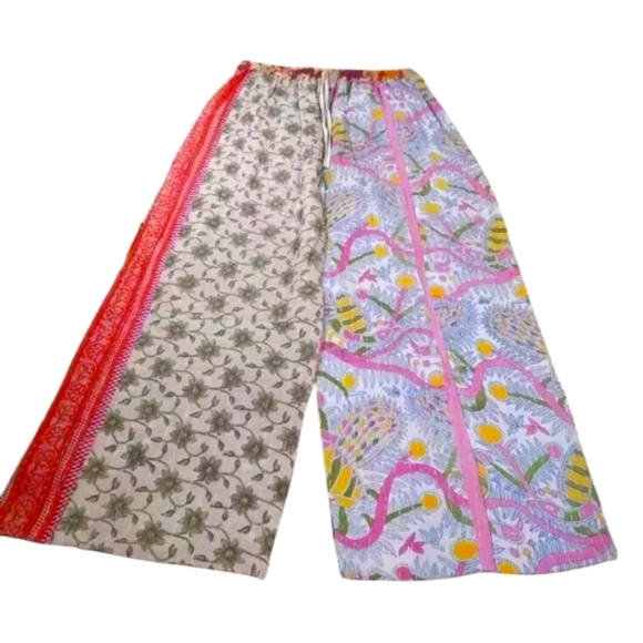 Kantha Wide Leg Pants Patch Pocket Patchwork Woman Large/XL Festival Boho #105B - Picture 3 of 12